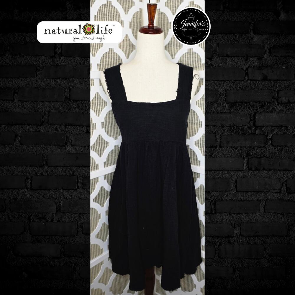 Natural Life Women's Black Tricia Crinkle Gauze Fabric Frayed Hem Dress Size S